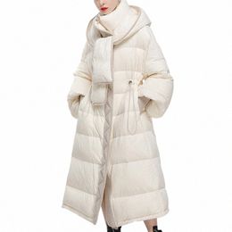 Femmes de luxe vers le bas manteau détachable écharpe à capuche en duvet d'oie remplissage coupe-vent chaud hiver Jakcets cordon taille Puffer Parkas q58N #