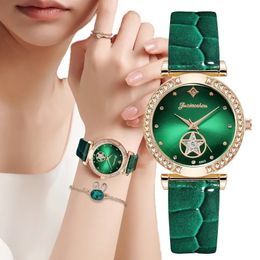 Luxe dames mode groene horloges kwaliteiten diamant bezaaid kwarts horloge dames lederen polshorloges elegant montre femme 240322