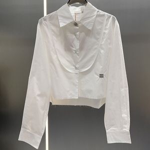 Blusa recortada de lujo para mujer, camisetas de manga larga bordadas de diseñador, blusas con diseño de botones de diamante blanco Ekegant