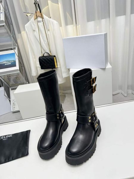 Botas largas de lujo para mujer Montezu Bota alta Italia Plataformas de moda Impermeable Negro Marrón Cuero Hebillas dobles Diseñador Clásico Invierno Idea Longs Bootes Box EU 35-40