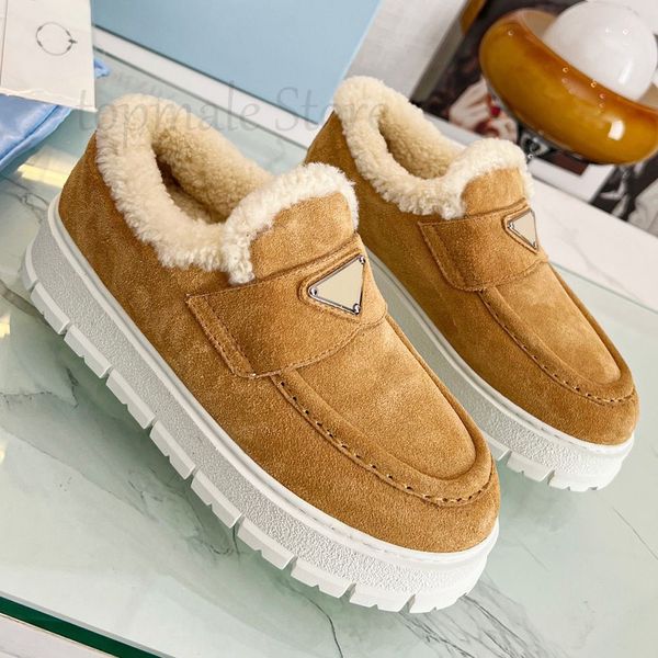 Luxe dames monolith casual schoenen suède wollen leren loafers designer driehoek logo platform sneakers versnelling driehoek P loafers warme wollen schoenen C1019-2