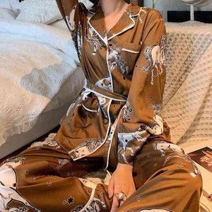 Pyjama de luxe pour femmes, ensemble de vêtements de nuit d'hiver à manches longues, Lingerie Sexy, en Satin de soie, avec ceinture, 211299b