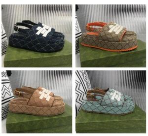 Luxe dames platform sandaal enkel verstelbare gesp gewonden loafers canvas bovenste lederen trim designer slippers7481029