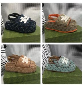 Luxe Dames Platform Sandaal Enkel Verstelbare Gesp Loafers Canvas Bovenste Lederen Trim Designer Slippers