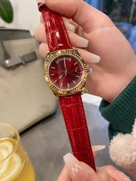Luxe dames kwarts weken horloges rose goud kleur kalender polshorloge date klok vrouw echt lederen glazen horloge rode wijzerplaat waterdicht 33 mm