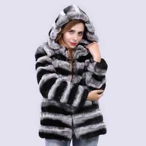 Manteau de luxe en vraie fourrure de rex pour femmes, avec capuche rayé, vêtements d'extérieur en fourrure véritable, veste chinchilla, épais et chaud, à la mode, hiver