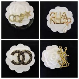 Luxe Femmes Ronde Designer Marque Lettre Broches Plaqué Or 18 Carats Incrustation Cristal Strass Bijoux Broche Charme Perle Pin Hommes De Noce Tissu accessoires5