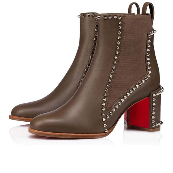 Bottines de luxe pour femmes Out Line Spike Talons hauts de 70 mm Italie Beaux orteils pointus Marron Semelle noire Escarpins en cuir Bonne qualité Talon épais Bottines courtes Boîte EU 35-43