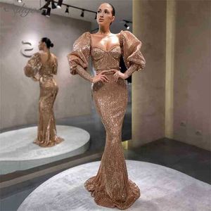 Luxe vrouwen elegante gouden mode v-hals lantaarn mouw mermaid lovertjes lange sexy feest formele jurk 210525