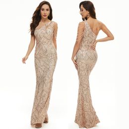 Luxe dames elegante mouwloze one-shoulder bodycon lange formele feestavondjurk mode glitter pailletten hoge taille slim fit sprankelende jurk gouden jurken voor dames