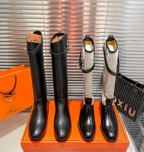 Bottes longues en cuir de luxe pour femmes, bottes de marque à talons bas avec boucles au genou