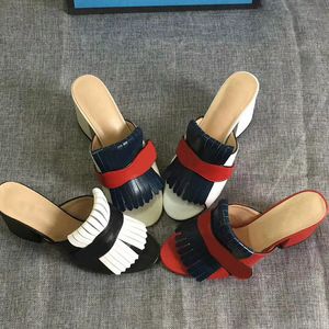 Sandales Marmont de luxe pour femmes, talons hauts, plateforme, diapositives, cuir suédé avec franges, matériel double ton, chaussures de créateur vintage à talon moyen