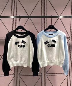 Suéter de lujo para mujer estilo Academia Bordado de letras 3D negro azul contraste manga raglán suéter corto de punto para mujer