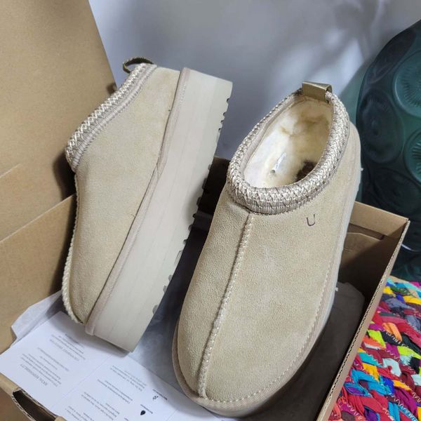 Pantoufles de luxe Tasman pour femmes, pantoufles Tazz, châtaigne, marron, graines de moutarde, peau de mouton, super mini, bottes à semelle épaisse, chaussures plates d'hiver pour femmes, dessus en daim, tailles 35 à 44