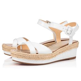 Sandalias de cuña de lujo para mujer Famoso Almerio 60 mm Italia Hermosas damas Gladiador Correa en el tobillo Slingback Diseño de cuero blanco Vestido de noche Sandalia de cuña Caja EU 35-43