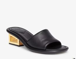 Luxe dames sandaal slippers Roma hiel stokbrood zwarte nappa lederen dia's sculpturale hak met f-f-faguette motief goud-finish metaal 35-42 doos