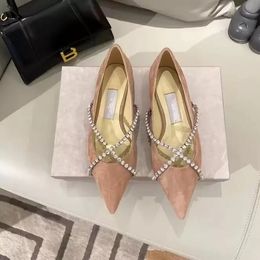 Sandales de luxe pour femmes, chaussures habillées plates, ballerines à bout pointu avec chaîne en cristaux, cuir orné de cristaux Genevi, EU35-42