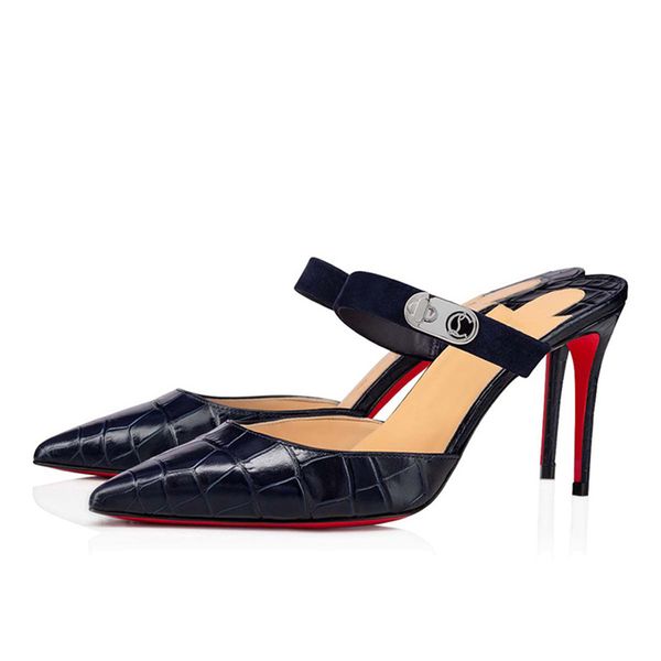 Sandales de luxe pour femmes, demi-pantoufles, mules Choc Lock, escarpins ornés de 85 mm, bouts ouverts raffinés, cuir noir, robe de soirée d'été, sandales à talons hauts, EU 35-43