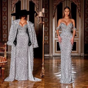 Vestidos de noche de lentejuelas de lujo para mujer, 2 piezas, hasta el suelo, sin tirantes, sirena, vestidos de graduación, vestido de chaqueta brillante de cuerpo entero