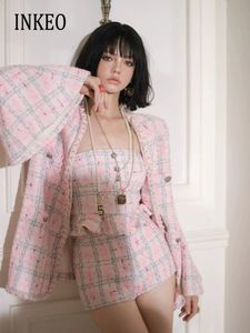 Luxe Dames Tweed 3-delige set Flare mouw blazer corset top Shorts Lente Elegante Zakken V-hals jasje Roze INKEO 3O296 240124