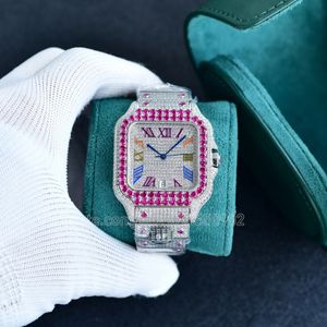 Luxe dames kijken naar diamanten kijkt voor mannen voor mannen automatische mechanische polshorloges roze diamanten rand Roman nummer wijzerplaat kleurrijke moissanite stenen polshorloge