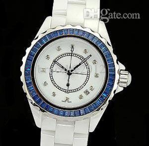 Luxe dames kijkt lady mode vrouwelijk 12 blauwe diamanten rand witte keramische kwarts sport horloge dames jurk polshorloges gir2424015