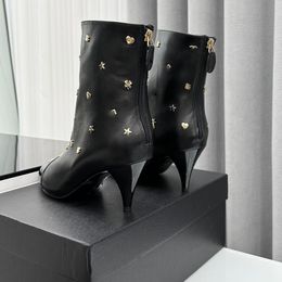 Bottines de luxe pour femmes, talons aiguilles de styliste en peau d'agneau, bout rond de 5cm avec fermetures éclair, chaussure de loisirs en forme de cœur, dames élégantes pour fête, chaussure de mariage noire