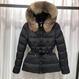 Chaquetas de lujo para mujer, abrigos de piel con cuello de piel de zorro, abrigos de piel cálidos, parkas de diseñador de moda, chaqueta negra ajustada a la cintura para mujer