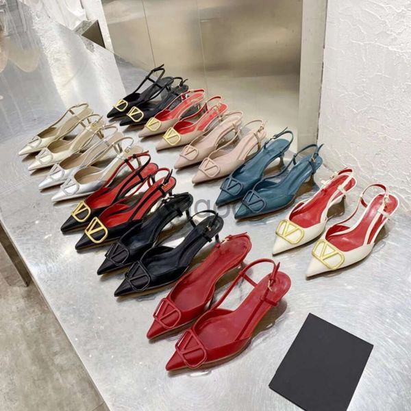 Sandales de luxe pour femmes, marque de styliste, talons hauts, bouton en V en métal, talons fins pointus, chaussures de soirée sexy, sandales à talons ouverts pour femmes