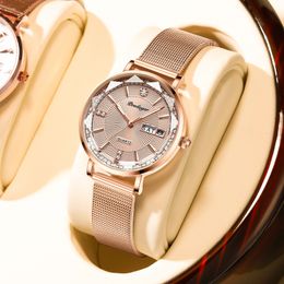 Reloj de lujo para mujer, 32 mm, resistente al agua, luminoso, calendario dual, semana, reloj de cuarzo con batería