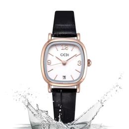 Relojes para mujer de lujo Cuadrado Diseñador a prueba de agua Damas Cinturón de cuero Calendario Ins Estilo universitario Versión coreana del simple reloj de estudiante femenino JHFDH
