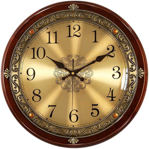 Horloge murale en bois de luxe en métal rétro nordique style américain style doré horloges murales chambre à coucher shabby chic salon Horloge cadeau 210724
