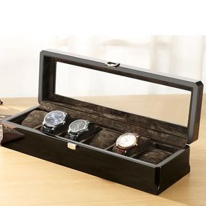 Boîte de montre en bois de luxe, coffret de présentation de cercueil en bois pur, organisateur de montres, armoire en verre noir, emballage 6 sièges, boîte de rangement homme 240116