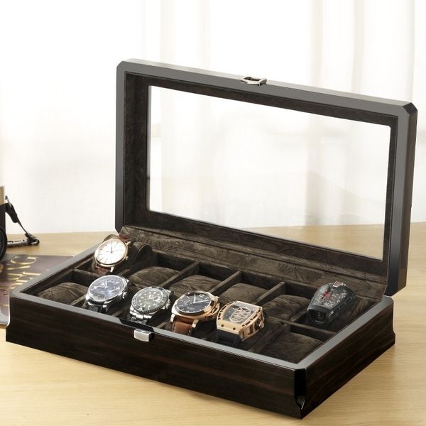 Boîte de montre en bois de luxe, coffret de présentation de cercueil en bois pur, organisateur de montres, armoire en verre carrée, emballage de 12 sièges, boîte de rangement homme 240122