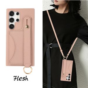 Luxe polsbandje Litchi Grain Vogue telefoonhoesje voor iPhone 15 Plus 14 13 12 11 Samsung Galaxy S24 Ultra stijlvol Crossbody kaartsleuf lederen portemonnee beugel achterkant