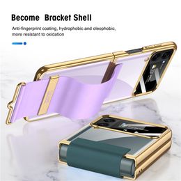 Bracelet de luxe en cuir solide Vogue Phone Case pour Samsung Galaxy Folding Z Flip4 5G Placage durable Support transparent Membrane Coque de protection antichoc
