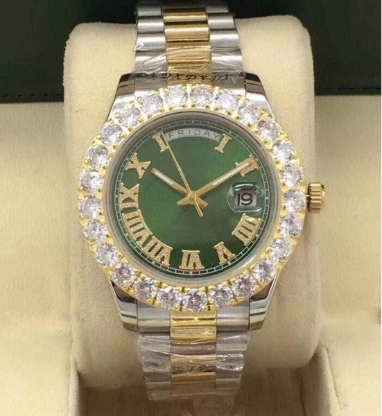 Reloj de pulsera de lujo Increíble esfera verde Movimiento automático Mens18k 41MM Oro amarillo Diamante más grande Bisel de cerámica Relojes mecánicos para hombres