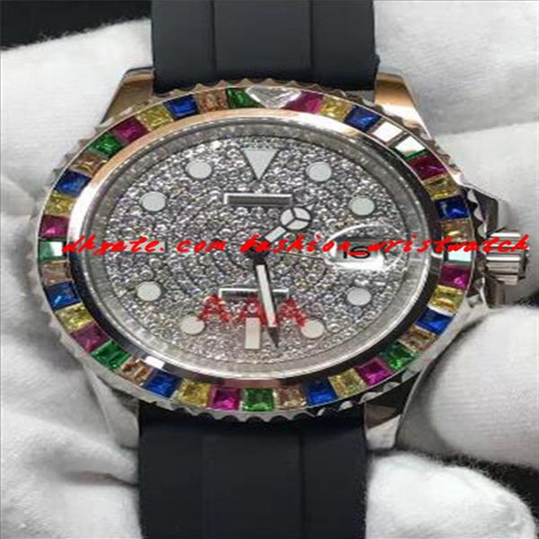 montre-bracelet de luxe bracelet en caoutchouc de qualité supérieure 40mm montre en diamant arc-en-ciel mouvement mécanique automatique mens montres nouvelle arrivée286D