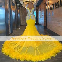 Luxe gele veren prom jurken 2023 sexy v nek zeemeermin avondjurk plus size open rug zwarte meisjes formele ceremonie jurken vestidos de noche limitos