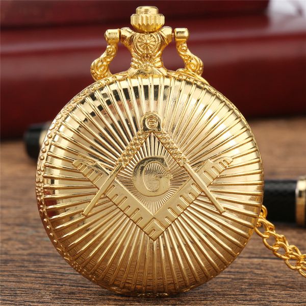 Relojes de diseño masónico de oro amarillo de lujo, reloj de bolsillo analógico de cuarzo Unisex, caja redonda con collar, cadena colgante, reloj de bolsillo