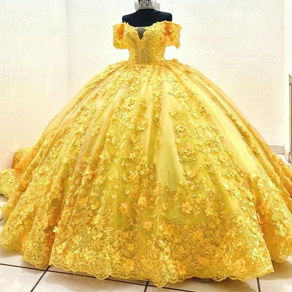 Luxe Jaune Princesse Quinceanera Robe 2023 Élégant Appliques Perles Perles D'anniversaire Doux 16 Robe Robes De 15 ANos Corset