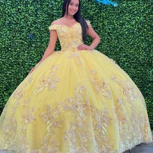 Luxe Geel Glanzende Quinceanera Jurken Kralen Prinses Baljurk 15 Jaar Oude Meisjes 3DFlower Applicaties Vestidos De 15 Anos