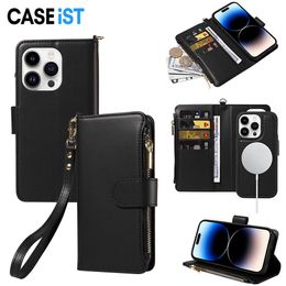 CASEiST 2 IN 1 afneembare flip lederen magnetische ring achterkant telefoonhoes rits portemonnee kaartsleuven houder standaard draadloos opladen cover voor iPhone 15 14 13 12 11 Pro Max Plus