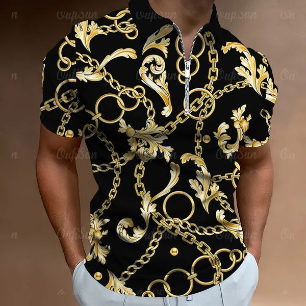T-shirt polo à glissière de luxe pour hommes impression de chaîne 3d nouveau polo pour hommes chemise et chemise surdimensionnées décontractées à manches courtes 240105