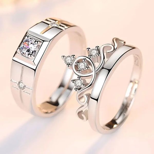 Pareja de circón de lujo emparejado anillos de oro blanco de 14 quilates para mujeres hombres corona de flores propuesta promesa anillos ajustables joyería de aniversario de boda