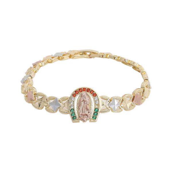 Lujo circón virgen de guadalupe id tricolor pulsera 14k chapado en oro joyería de moda pulsera mujer