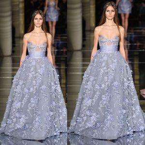 Luxe Zuhair Murad Avondjurken Strapless 3D Bloem Geappliceerd Rode Tapijt Jurken Nieuwe Prom Jurk Runway Fashion Jurk