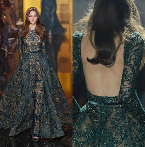 Luxe Zuhair Murad Formelle Vert Robes De Soirée Dos Nu Jewel Cou Robe De Bal Manches Longues Dubaï Cristal Perles Robes De Soirée Plus La Taille