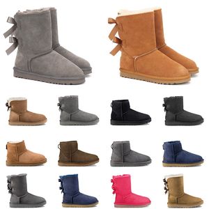 Diseñador de lujo Australia Invierno Botas de mujer Botas de piel Botines mullidos Ultra Mini Clásico Peludo Castaño Negro Azul Marino Nieve Tobillo 2 Bowtie Hebilla para zapatos para mujer 35-41