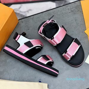 Luxurys Designer Flat Sandals correas bicolor micro suela Rosa/Negro/Azul/Naranja/Azul